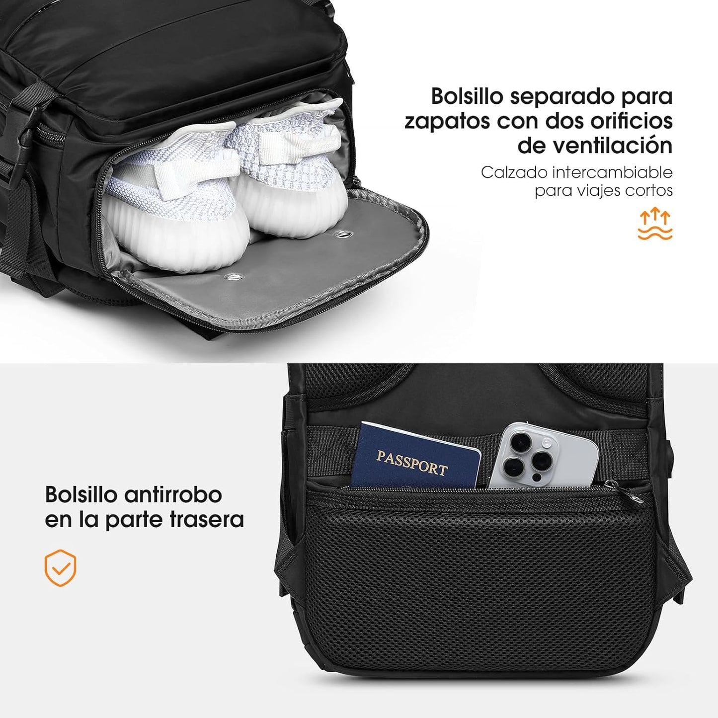Mochilas de viaje para avion espaciosa